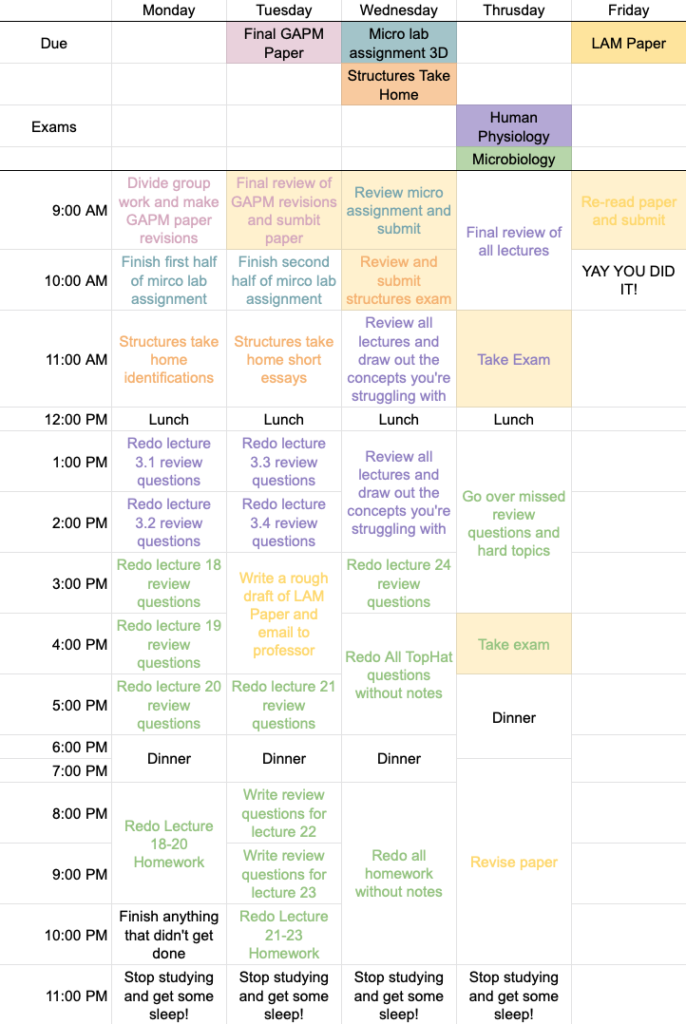 My study plan for finals week. It shows a time table from 9 AM to 11 PM from Monday through Friday. All of the tasks are broken down hour by hour.