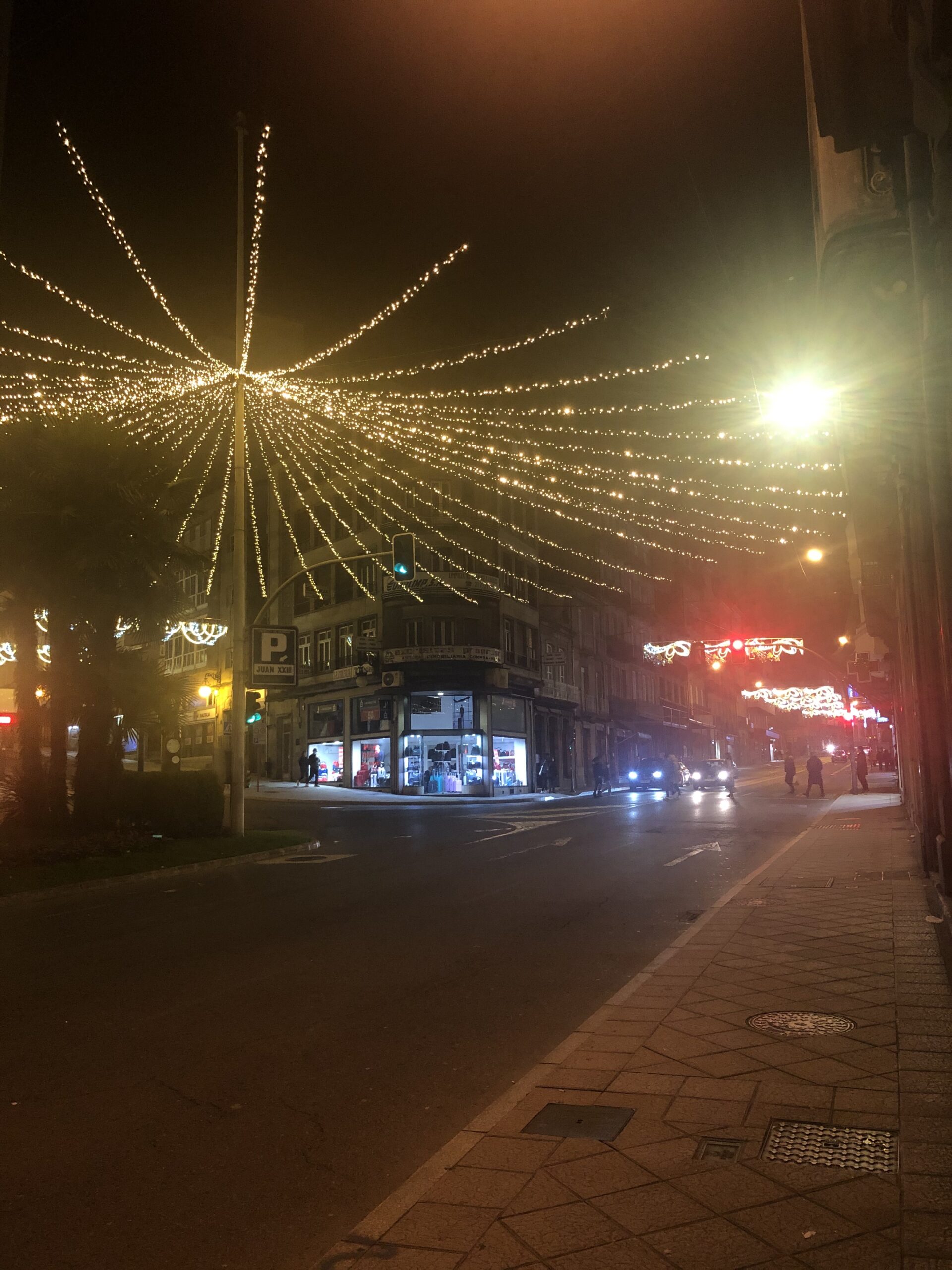 Image of Ourense, Spain. Christmas lights are hung and lit during the night